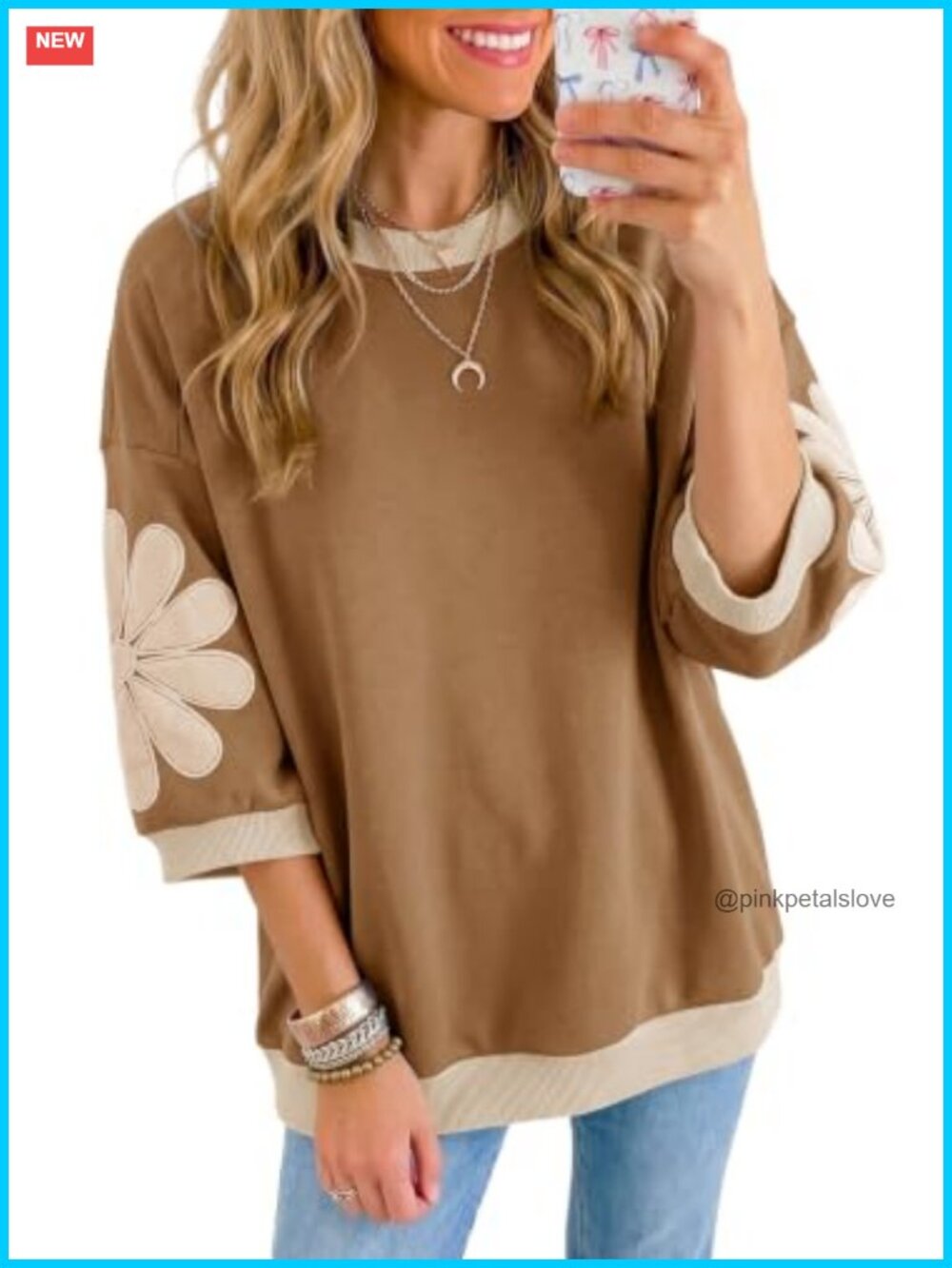 Dokotoo Womens Floral Patch 3/4 Sleeve Sweatshirt Oversized Pullover Top